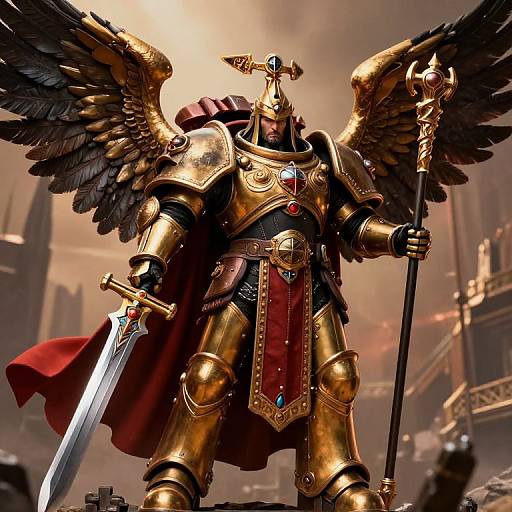 Digital art of a golden-winged armored angel warrior with a red cape, holding a sword and staff, standing in a smoky, ruined cityscape