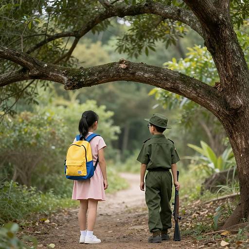 Children's Adventure Under a Curved Tree