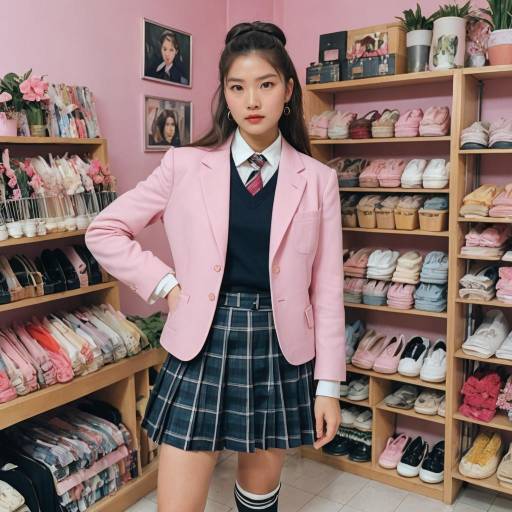 Young Woman in Preppy School Uniform in Stylish Room