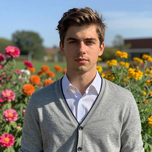 Young Man in Grey Cardigan in Flower Garden