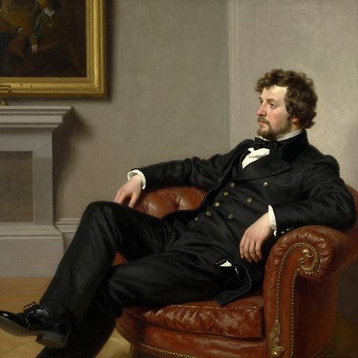 Photorealistic painting of a Caucasian man with curly brown hair, dressed in black 19th-century suit, reclining on a red leather armchair