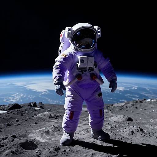 Photorealistic CGI of an astronaut in a white spacesuit standing on a rocky lunar surface, with Earth's blue horizon and black space background.