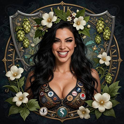 Digital artwork of a smiling woman with long black hair, flower crown, and intricate embroidered top, surrounded by white flowers, hops, and badges.
