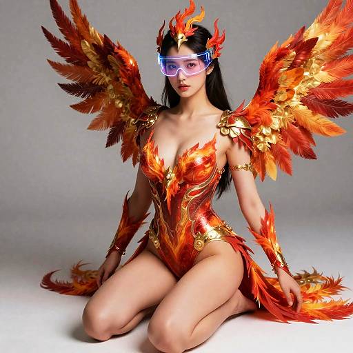 Digital art of a woman with fiery orange and red feathered wings, gold armor, and visor, kneeling on a white background.