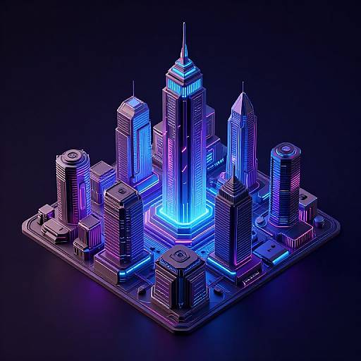 Neon-lit, futuristic cityscape model featuring towering skyscrapers with vibrant blue and purple LED lights against a dark background. Digital art style.