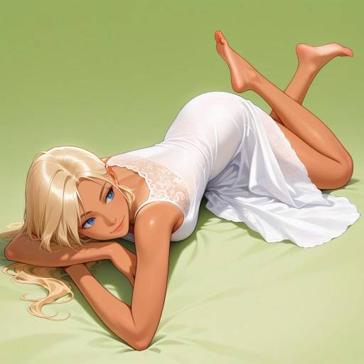 Blonde Woman in White Lace Dress Lying on Floor