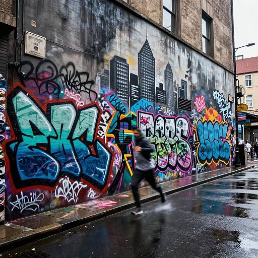 Photograph of a rainy urban street featuring vibrant, multi-colored graffiti on a brick building wall, with a blurred pedestrian walking by.