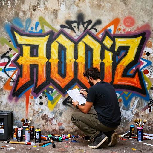 Photograph of a bearded man in a black shirt and gray pants, crouching, painting vibrant graffiti on a weathered wall. Art supplies