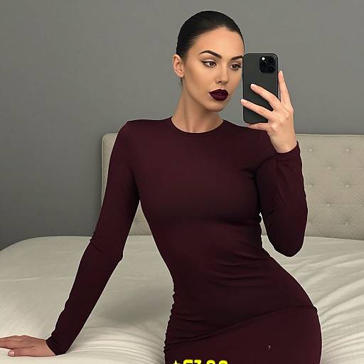 Digital CGI image of a woman with dark hair in a bun, wearing a tight, long-sleeve burgundy dress, taking a selfie in a