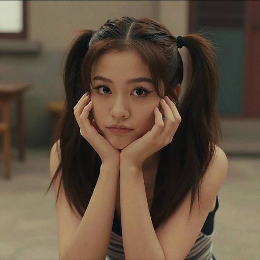 Photograph of an Asian girl with brown pigtails, large eyes, and fair skin, resting her hands on her cheeks, wearing a sleeveless