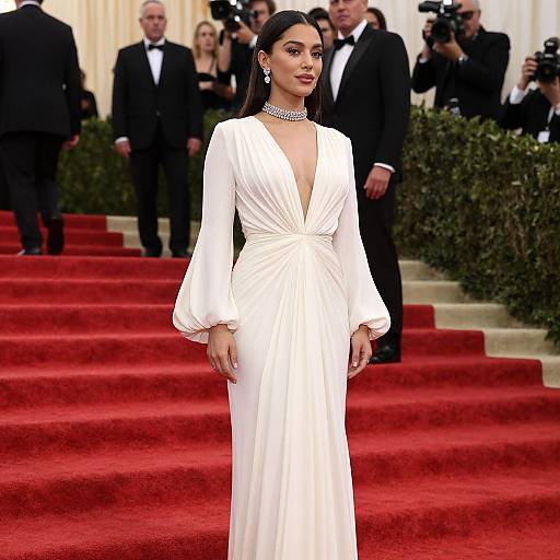Photograph of a poised woman with long black hair in a deep V-neck, long-sleeve white gown, diamond choker, on red carpet