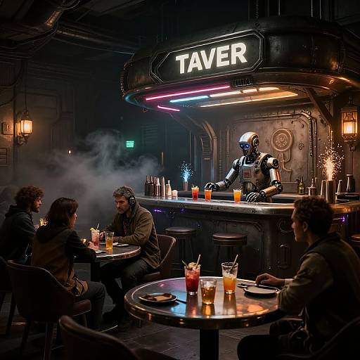 Sci-fi themed bar scene: five people sit at circular tables, drinking colorful drinks, facing a neon-lit bar with a robotic bartender named 
