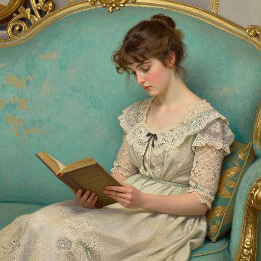 Young woman with fair skin, brown hair in a bun, wearing a white lace dress, reading a book on a teal, gold-accented couch