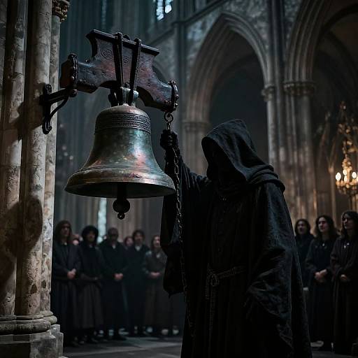 Mysterious Hooded Figure in Gothic Cathedral