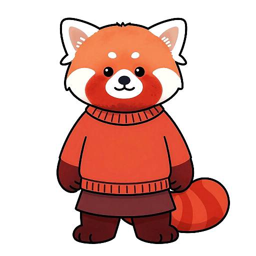 Cute digital cartoon red panda with red-orange fur, white facial markings, wearing a red sweater and brown shorts, standing against a white background.