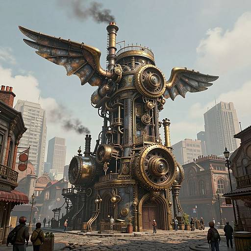 Steampunk Skyscraper Over Cobblestone Streets