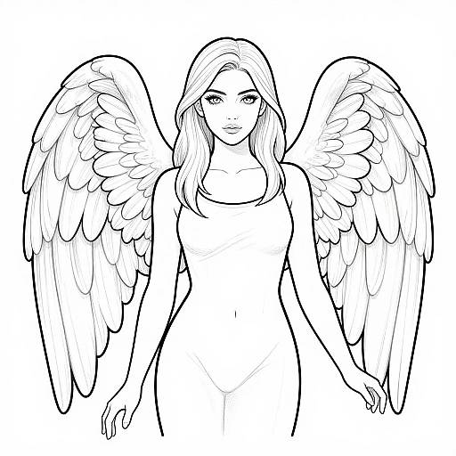Black-and-white digital line drawing of a young woman with long hair, angel wings, and a serene expression, standing confidently.