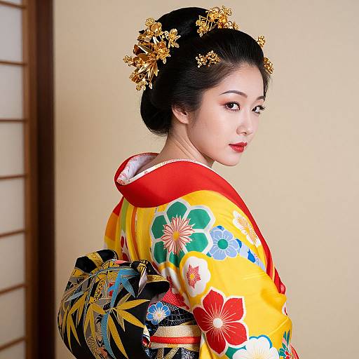 Woman in Elaborate Floral Kimono