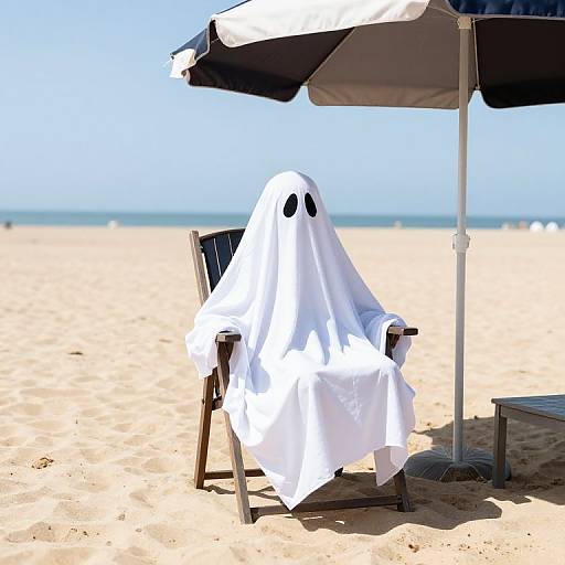 Photograph of a white ghost costume with black eye holes, sitting on a beach chair under a black-and-white umbrella. Sandy beach in the background with