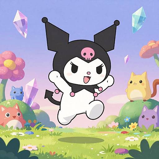 Colorful digital illustration of a cheerful, black-and-white jester cat with a skull on its head, jumping in a vibrant, fantasy garden with crystals