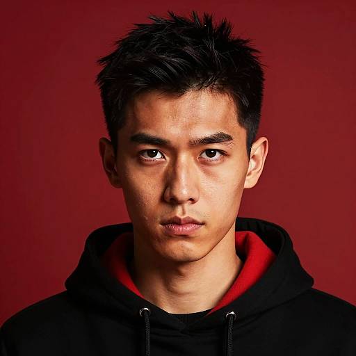 Young Man in Dramatic Red Hoodie