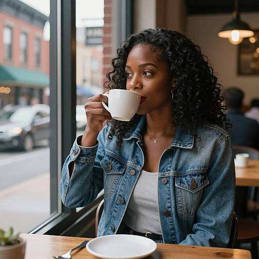 Black Woman Drinking Coffee in Café