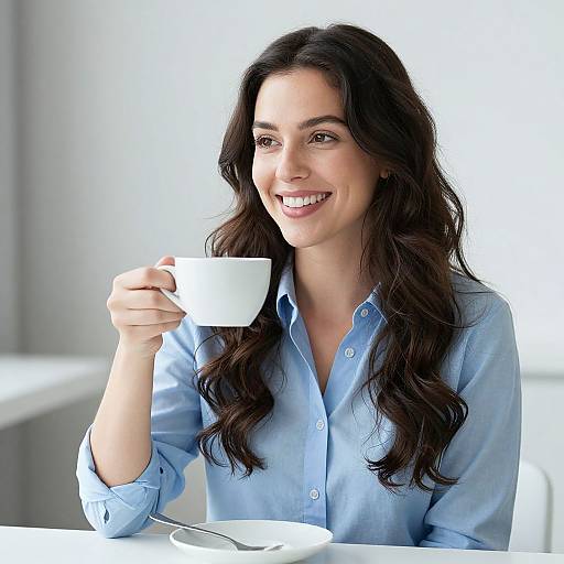Photograph of a smiling woman with long, wavy dark hair, wearing a light blue button-up shirt, holding a white coffee cup at a bright
