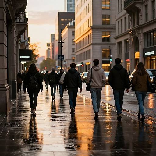 Photograph of urban street at sunset, wet pavement reflecting lights, silhouetted pedestrians in jackets walking away from camera, city buildings in background.