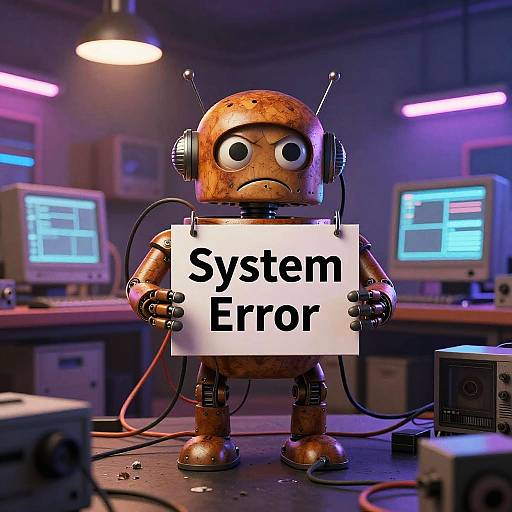 Photograph of a wooden robot with wires, holding a sign saying 