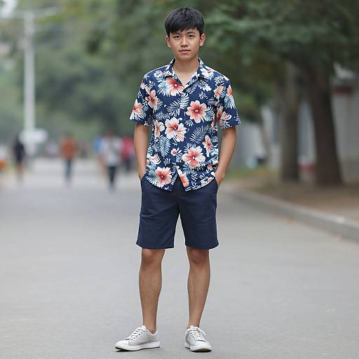 Photograph of an Asian teenage boy with short black hair, wearing a floral shirt, black shorts, and white sneakers, standing on a blurry, tree