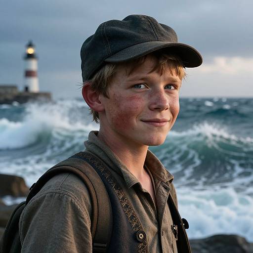 Photograph of a young boy with fair skin, dirty face, and brown cap, wearing a worn green shirt and vest, standing by a windy ocean