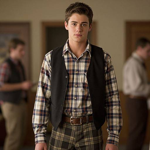Photograph of a young man with short dark hair, wearing a black vest over a plaid shirt and pants, standing in a blurred, indoor background