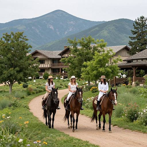 Photograph of three women in white shirts and hats riding brown and black horses on a dirt path, with a rustic lodge and mountains in the background.