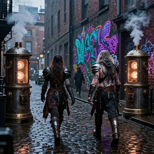 Cyberpunk street scene: two armored, steampunk warriors with glowing headgear walk past glowing street lamps and colorful graffiti on a wet, cob