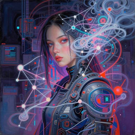 Digital art of a cyberpunk woman with long black hair, glowing blue eyes, and a futuristic armored suit, surrounded by neon circuits and wires in a