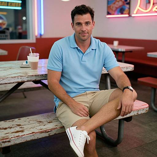 Photograph of a handsome, short-haired man in a light blue polo and beige shorts, sitting on a worn wooden table in a retro diner with neon