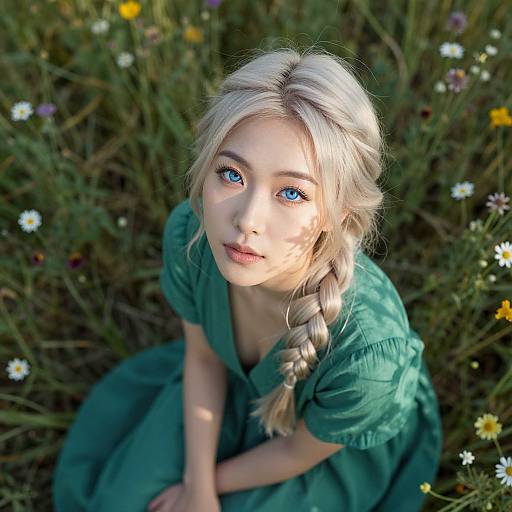Photograph of a young blonde woman with blue eyes, wearing a green dress, braided hair, kneeling in a sunlit meadow filled with d