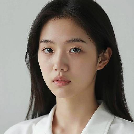 Photograph of a young Asian woman with long black hair, fair skin, and neutral expression, wearing a white blouse, against a plain white background.