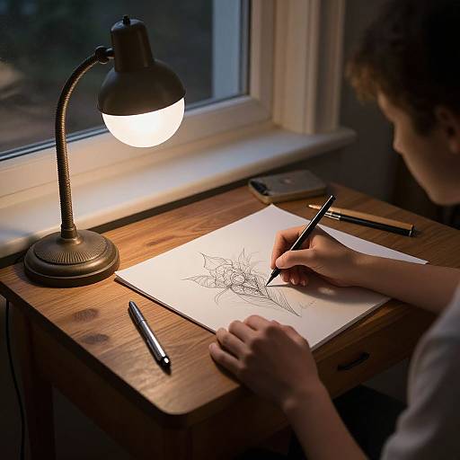 Photograph of a child drawing intricate spider web on white paper, illuminated by a black desk lamp, in a dimly lit room by a window.