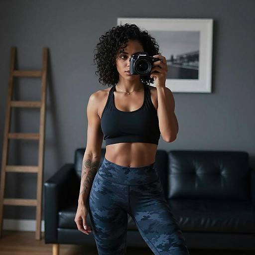 Fit Woman with Camera in Stylish Room