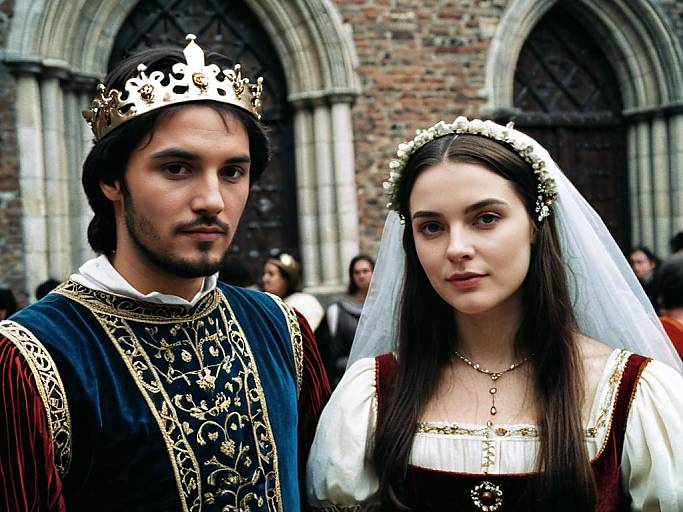Photograph of a medieval-themed couple; the man in a gold crown and ornate blue velvet tunic, the woman in a white veil and red