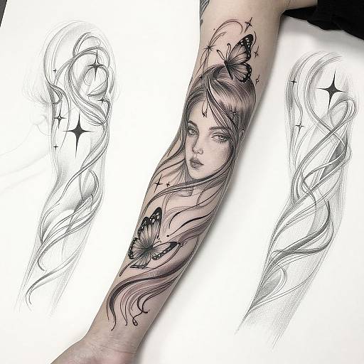 Detailed black-and-gray tattoo on forearm of a serene, long-haired woman with butterflies, surrounded by swirling lines and star-like accents.