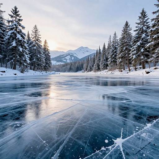 Photograph of a frozen lake surrounded by snow-covered pine trees, with reflections of sunlight on the ice and distant snow-capped mountains.
