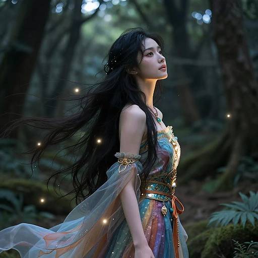 Digital art of an ethereal Asian woman with long black hair in a magical forest, wearing a colorful, flowing dress with sparkles and fairy lights,