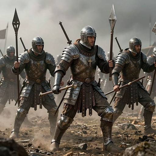 Digital illustration of three armored medieval knights with helmets, holding spears, standing in a dusty battlefield, ready for battle.