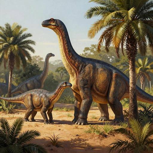 Photorealistic digital artwork of three large, textured, dark-green, and orange-scaled dinosaurs with long necks and tails standing in a sunny,