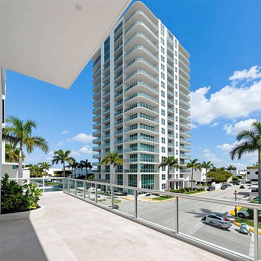 Photograph of a modern, white, 20-story apartment building with curved balconies, glass windows, and palm trees under a bright blue sky.