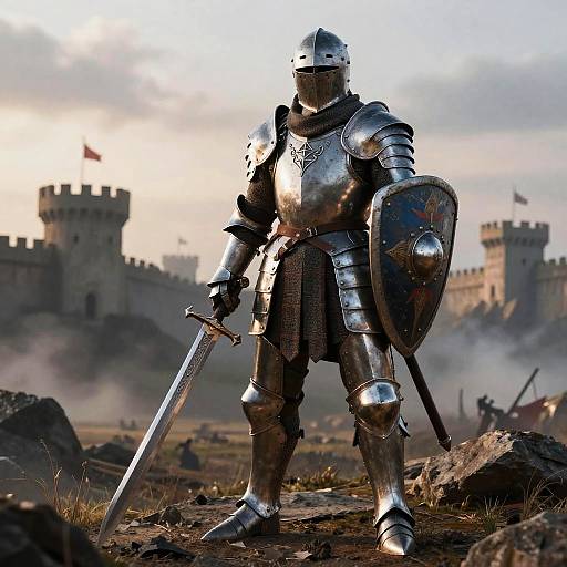 Photorealistic CGI of a medieval knight in shiny silver armor, holding a sword and shield, standing on a rocky battlefield with medieval castle towers in the