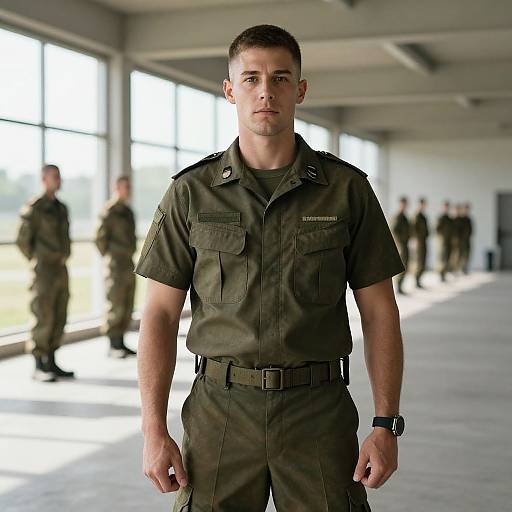 Photograph of a serious, muscular man in dark green military uniform standing in a sunlit hangar, with blurred soldiers in background.