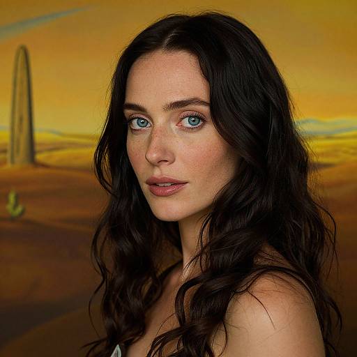 Photograph of a fair-skinned woman with long, wavy black hair and blue eyes, standing in a desert with cacti and a tall